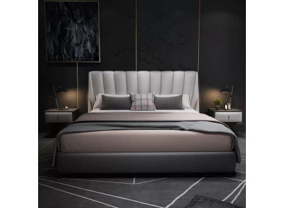 Lits doubles de luxe de 180x200 cm pour hôtel. Lit en cuir gris pour chambre de repos.