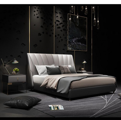 Lits doubles de luxe de 180x200 cm pour hôtel. Lit en cuir gris pour chambre de repos.