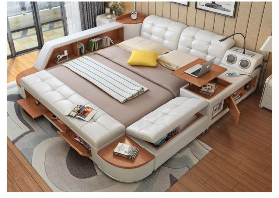Rembourrage 180x200 Étagère multifonction USB Chaise longue Design Lit Grands lits en cuir
