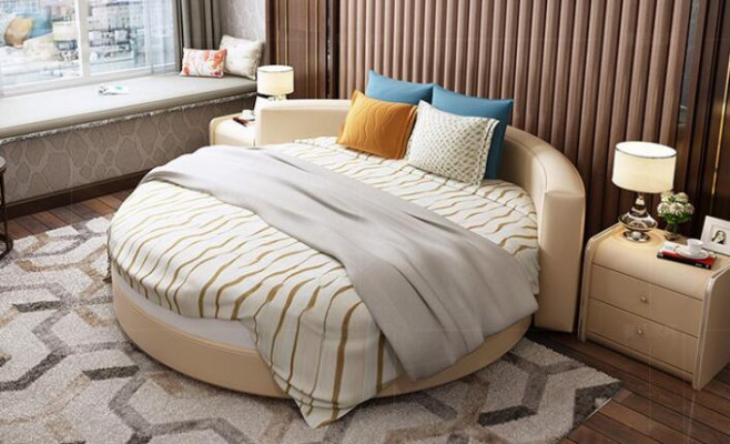 Lit en cuir rond 200x200 Luxe Lits ronds Rembourrage Hôtel en tissu rond