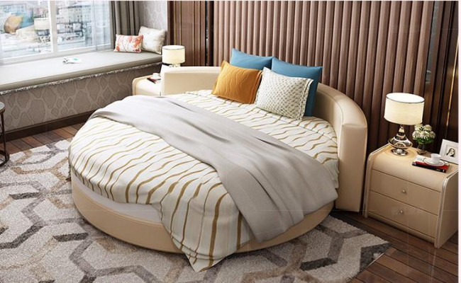 Lit en cuir rond 200x200 Luxe Lits ronds Rembourrage Hôtel en tissu rond