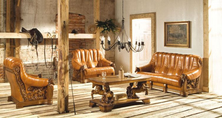 Ensemble de canapé classique en cuir rembourré en bois 3 + 2 + 2 suite