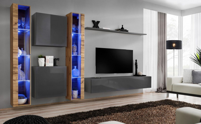 Luxueux ensemble complet de 6 pièces gris pour télévision, buffet bas mural, meuble mural, bahut moderne.