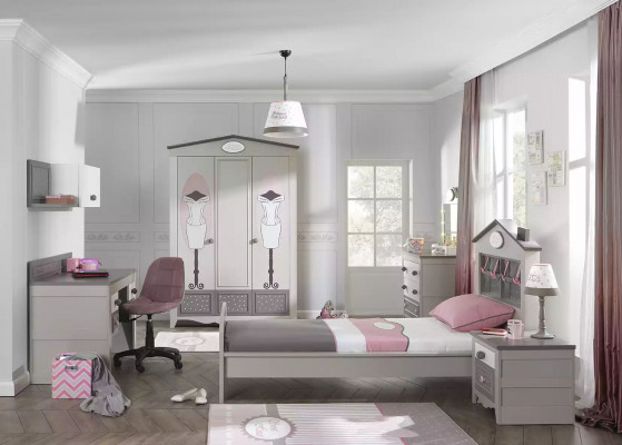 Chambre pour enfants Suite Lit pour enfants Chambre à coucher Meubles en bois Mobilier gris 6 pièces