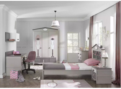 Chambre pour enfants Suite Lit pour enfants Chambre à coucher Meubles en bois Mobilier gris 6 pièces