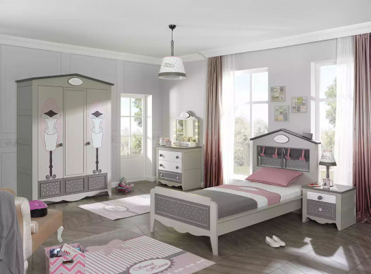 Suite Lit pour enfants Lit pour filles Ensemble de meubles en bois Mobilier gris Ensemble de meubles 4 pièces Armoire