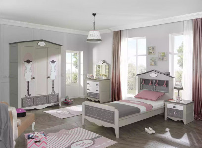Suite Lit pour enfants Lit pour filles Ensemble de meubles en bois Mobilier gris Ensemble de meubles 4 pièces Armoire