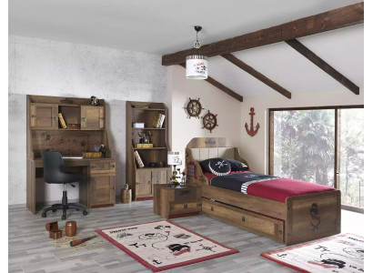 Chambre d'enfants Suite Lit de pirate Cadre de lit pour jeunes en bois Marron Ensemble 5 pièces