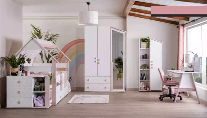 Lit fonctionnel Complet Lit Mobilier enfant Chambre d'enfant Rose 6 pièces Bois