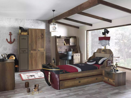 Chambre d'enfants Lit de pirate Armoire de bateau Table Lits doubles 5 pièces