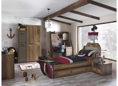 Chambre d'enfants Lit de pirate Armoire de bateau Table Lits doubles 5 pièces