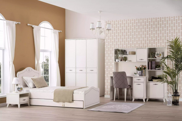 Lit complet pour jeunes, lit fonctionnel, ensemble extensible, 8 pièces, bois blanc