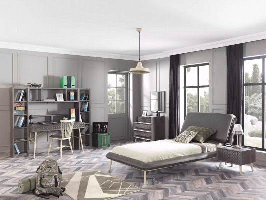 Lit complet pour jeunes, cadre de lit pour enfants, ensemble de chambre d'enfant en bois gris de 7 pièces.