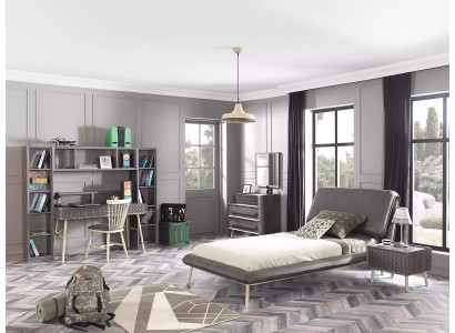 Lit complet pour jeunes, cadre de lit pour enfants, ensemble de chambre d'enfant en bois gris de 7 pièces.