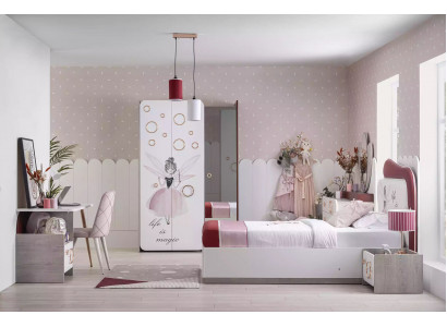 Complète e Kinderfurniture - Lit pour enfants avec sommier, Ensemble en bois rose 6 pièces