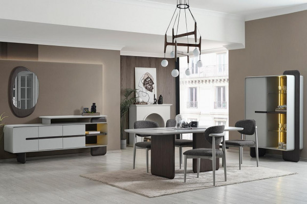 Mobilier de salle à manger gris-blanc Table à manger 4x Chaises de luxe Vitrine de designer