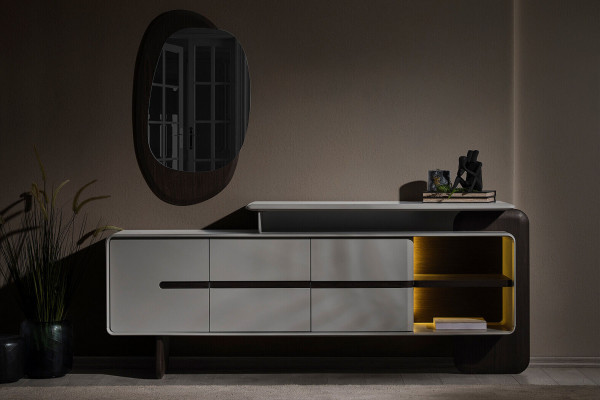 Mobilier de salle à manger gris-blanc Table à manger 4x Chaises de luxe Vitrine de designer