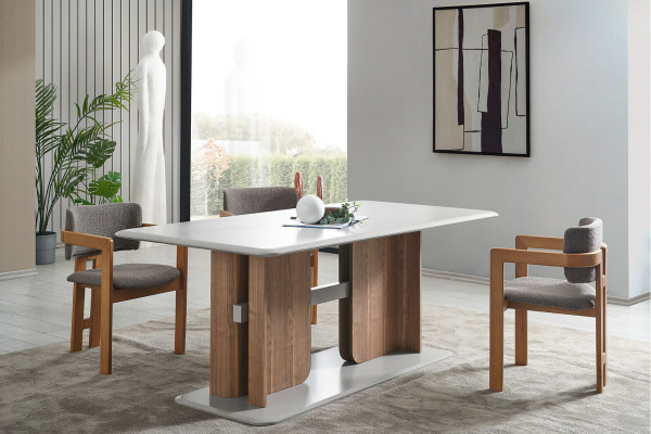 Ensemble salle à manger brun-blanc Table à manger 4x Chaises Commode Ensemble salle à manger design