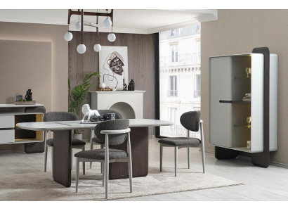 Suite de salle à manger grise-blanc Table à manger luxueuse 4x Chaises Vitrine 6 pièces