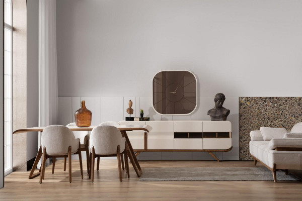 Ensemble de salle à manger blanc-marron Table à manger moderne 6 chaises rembourrées 9 pièces