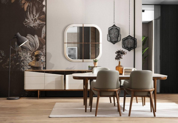 Mobilier de salle à manger brun et blanc, ensemble de salle à manger de designer de luxe 9 pièces.