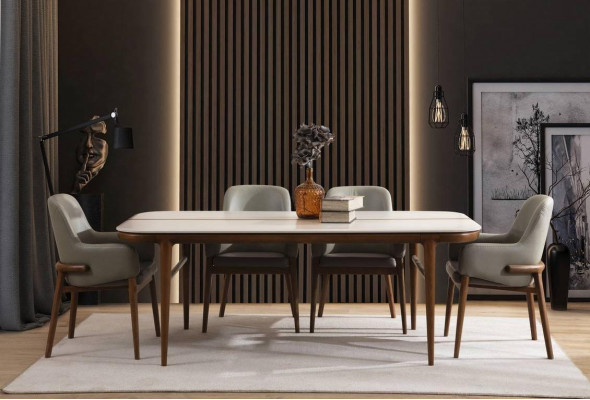Mobilier de salle à manger brun et blanc, ensemble de salle à manger de designer de luxe 9 pièces.