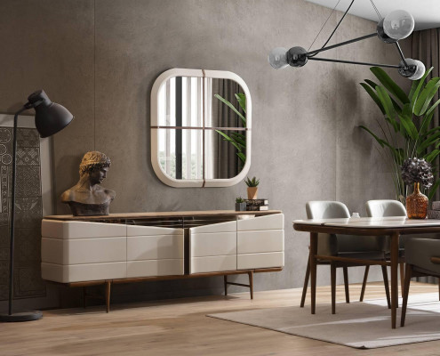 Mobilier de salle à manger brun et blanc, ensemble de salle à manger de designer de luxe 9 pièces.