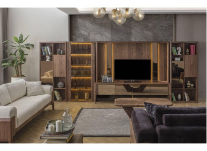 Unité murale moderne marron pour salon avec étagères murales en bois et LED.
