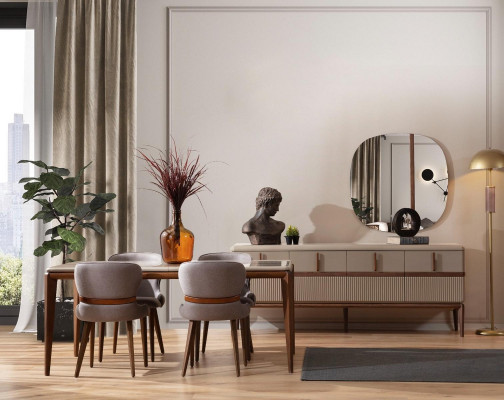 Ensemble de salle à manger moderne, table à manger design, 4 chaises rembourrées, bahut de luxe