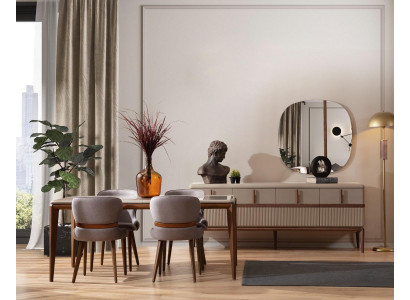 Ensemble de salle à manger moderne, table à manger design, 4 chaises rembourrées, bahut de luxe