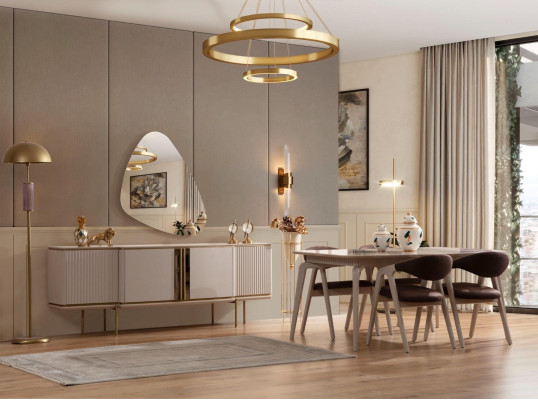 Meubles en bois Set de salle à manger Designer Beige Table à manger 4 chaises Bahut