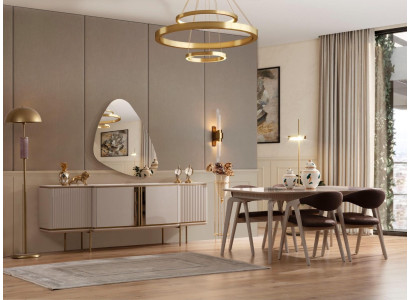 Meubles en bois Set de salle à manger Designer Beige Table à manger 4 chaises Bahut