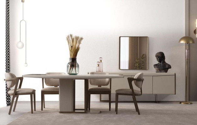 Ensemble de salle à manger beige Table à manger design Chaises rembourrées Buffet de luxe