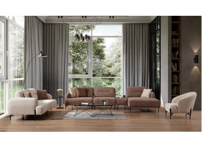 Ensemble de canapé moderne marron et blanc 3 places Fauteuil en tissu Canapé d'angle en forme de L