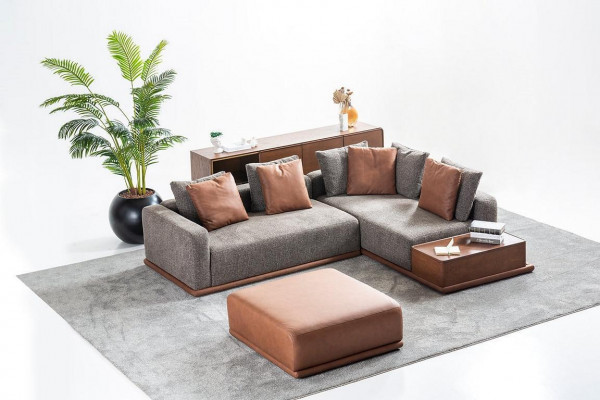 Ensemble de sièges de salon Canapé en forme de L gris Tabouret marron Mobilier de luxe