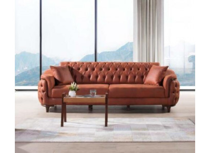 Orange Chesterfield Couch Trois Canapé Place Velours Bois Coussin d'assise