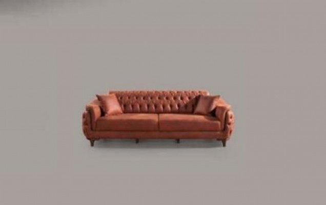 Orange Chesterfield Couch Trois Canapé Place Velours Bois Coussin d'assise