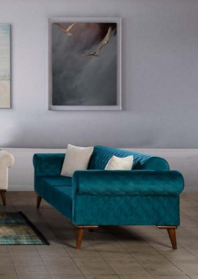 Canapé trois places turquoise, canapé élégant, salon, mobilier de salon, velours