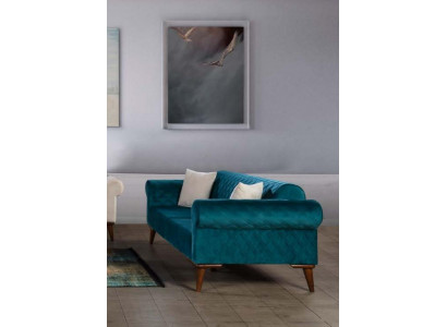Canapé trois places turquoise, canapé élégant, salon, mobilier de salon, velours