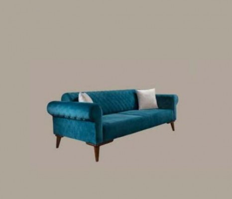 Canapé trois places turquoise, canapé élégant, salon, mobilier de salon, velours