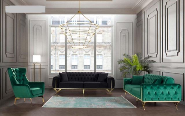 Canapé Chesterfield noir Trois places Canapé à coussin en velours en bois