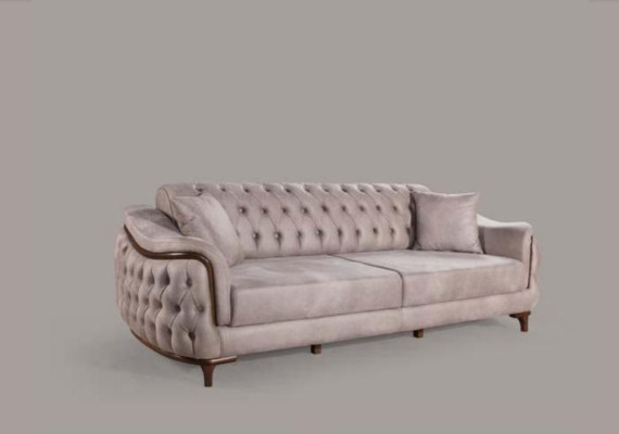 Canapé Chesterfield beige Trois places, coussin de siège, meuble de canapé en velours bois