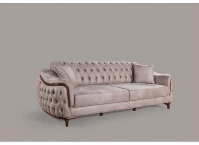 Canapé Chesterfield beige Trois places, coussin de siège, meuble de canapé en velours bois