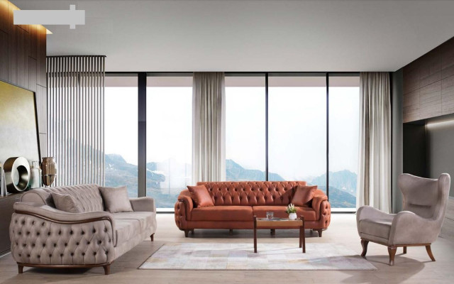 Canapé Chesterfield beige Trois places, coussin de siège, meuble de canapé en velours bois