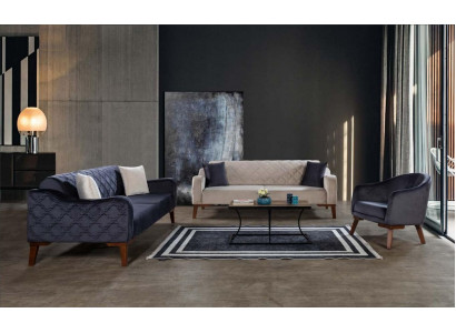 Salle de séjour Ensemble de canapés Canapé 3+3+1 Bleu e Tapisserie Ensemble Fauteuil Textile