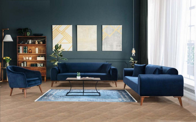 Ensemble de canapé 3+3+1 Fauteuil canapé bleu royal et canapé en velours 3 pièces