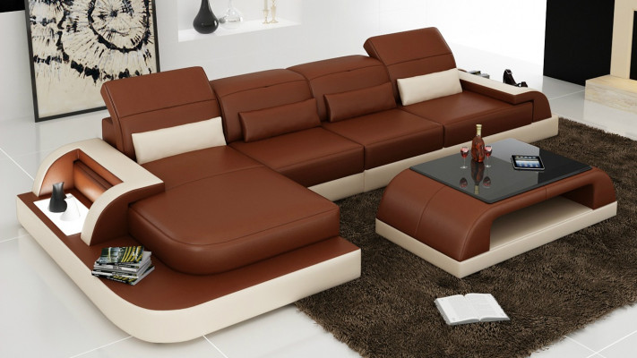 Canapé d'angle en forme de L en tissu marron Suite de revêtement de canapé Salon Design Canapé d'angle en cuir
