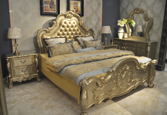 Lit + 2x Table de nuit 3 pcs. Ensemble de chambre à coucher de luxe Designer Baroque