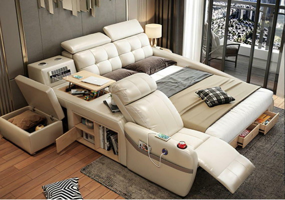 Chaise de massage de lit Lits multifonctions Rembourrage étagère USB en cuir de luxe