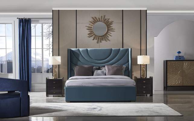 Beau lit double avec tête de lit rembourrée dans un style moderne